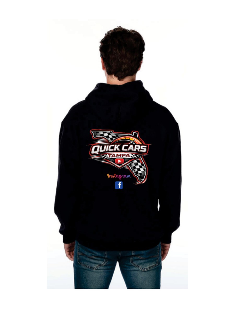 Black Quick Cars Tampa hoodie, full logo across the back